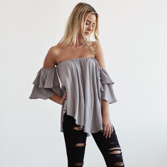 Noa Elle Off The Shoulder Ruffle Sleeve Top Cold - Picture 2 of 5